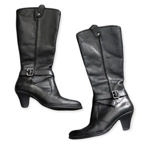 BORN Black Leather side zip buckle knee high boots